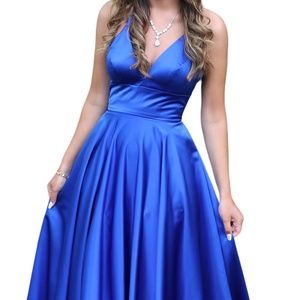 Faviana Glamour satin V neck formal dress with V neck, flows skirt, corset back